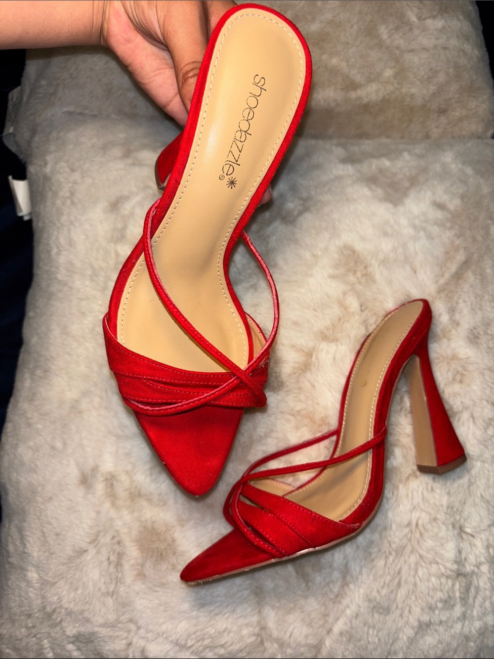 Shoe Dazzle Red Pointed Toe Strappy Mule Heels